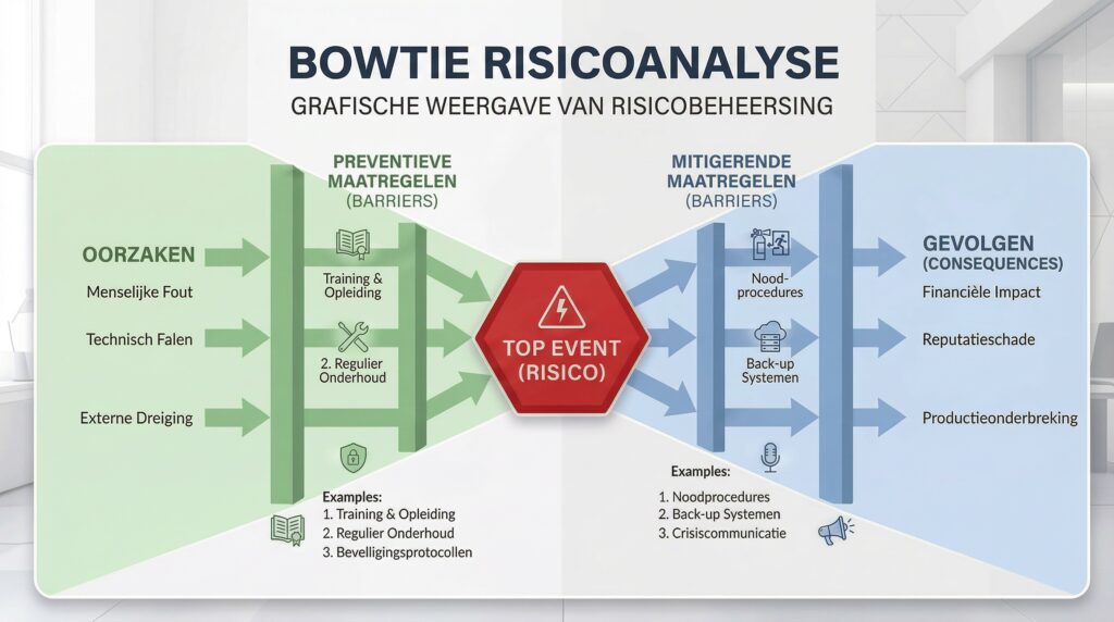 Concreet voorbeeld met een cyberrisico als centrale gebeurtenis (bijv. datalek), dreigingen zoals phishing en zwak wachtwoord, en maatregelen zoals MFA en encryptie. Maakt de methode direct toepasbaar voor de IT-doelgroep.