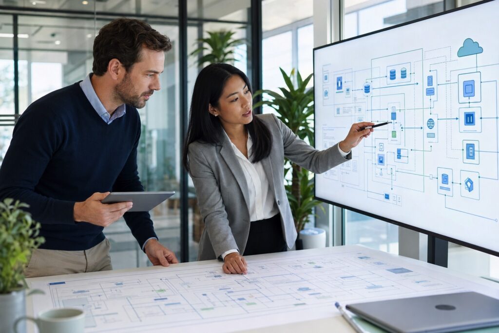 Projectmanager en IT-architect bekijken architectuurtekening samen