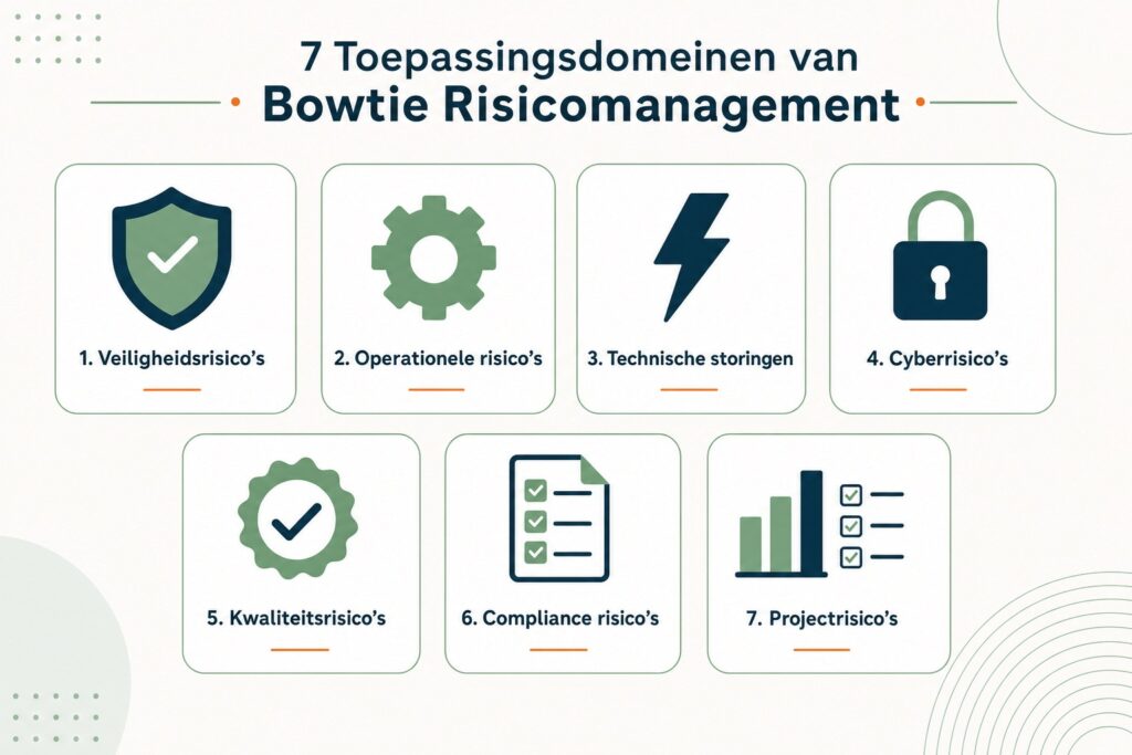 Iconen of visueel overzicht van de zeven toepassingsgebieden (veiligheid, IT, kwaliteit, compliance, etc.). Maakt de breedte van de methode in één oogopslag duidelijk.