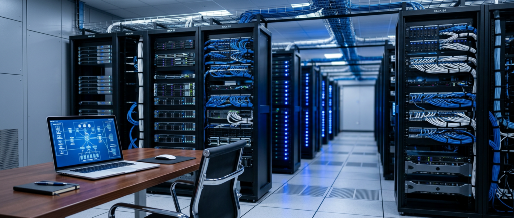 Datacenter met netwerkracks en gestructureerde bekabeling, met een laptop die een netwerkschema toont. Consultancy